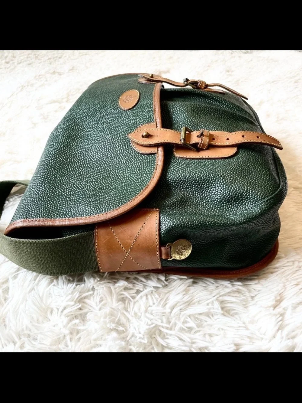 Mulberry Green Leather Messenger Bag with Brown Trim